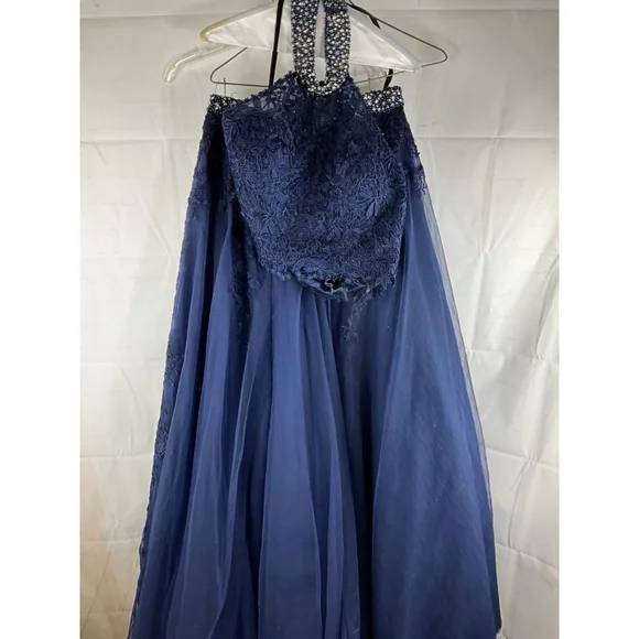 sachin and babi light blue dress JOVANI Beaded Halter Low Back Gown In Royal